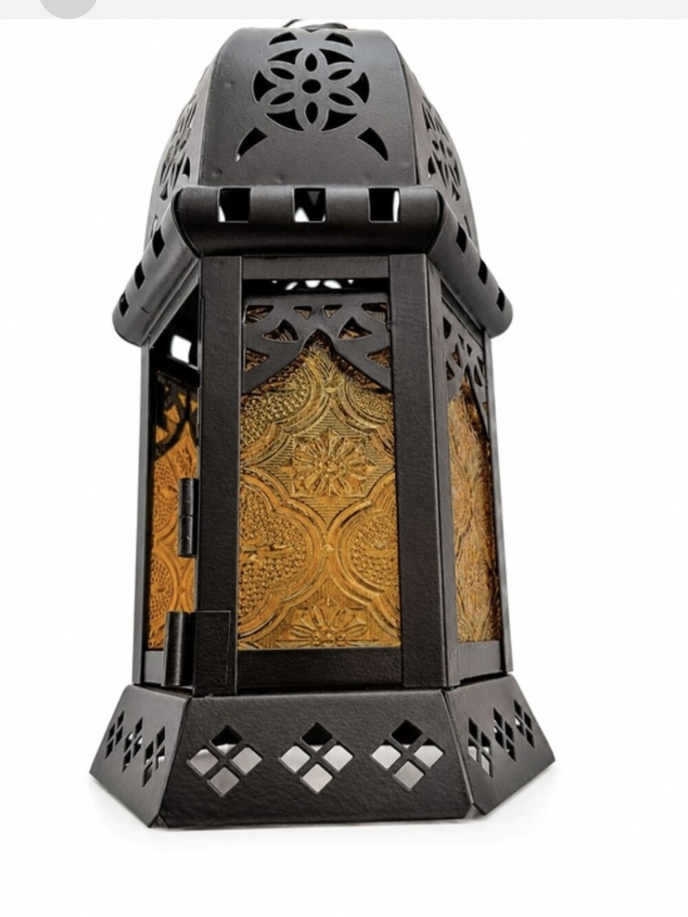 Moroccan Style Black Metal & Gold Embossed Lantern 9"